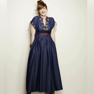 Eshakti Wayward Fancies Floral Embellished Dolman Sleeve Chambray Maxi Dress M/8